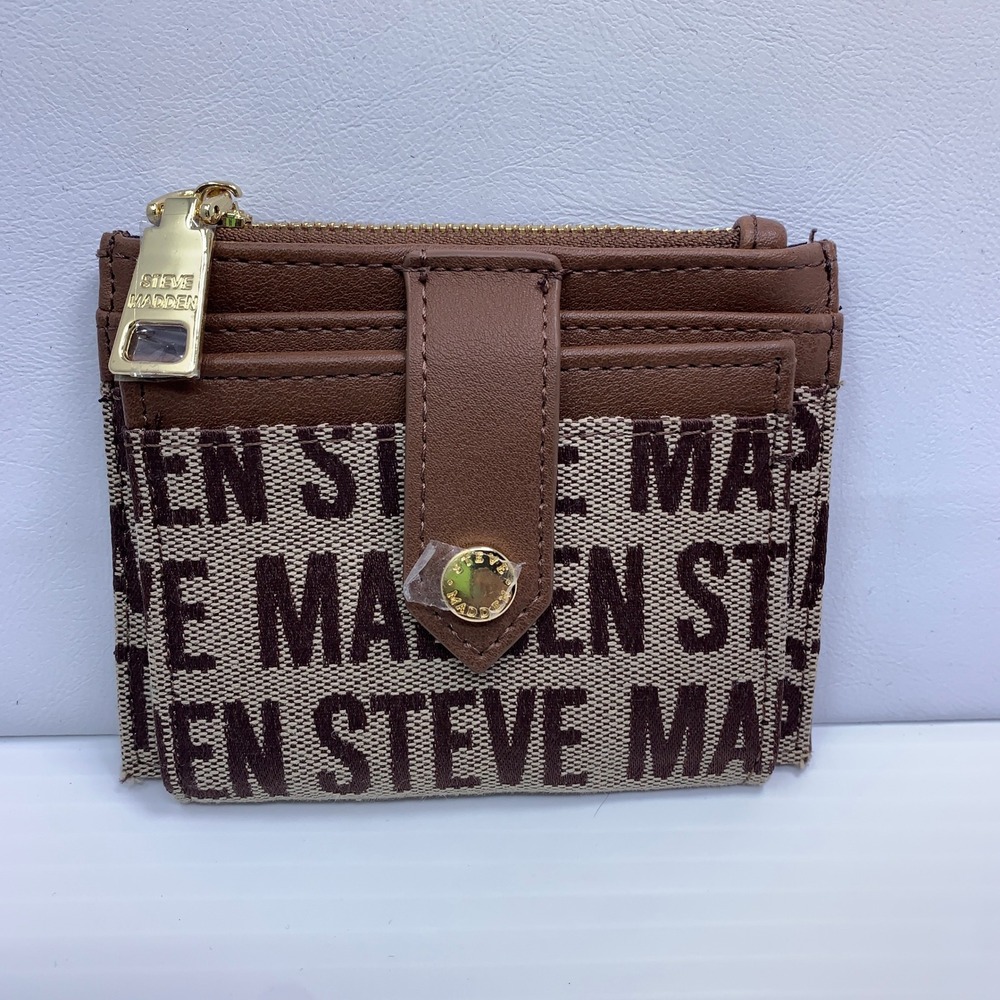 Steve Madden Womens OS Brown Logo Jacquard Zip Card Case Wallet New